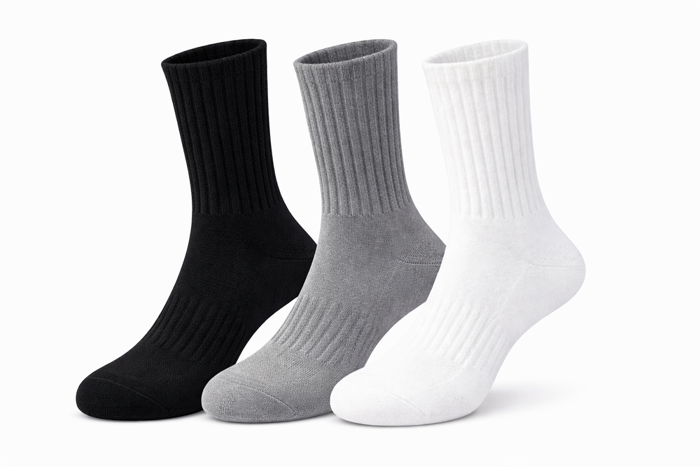 Laundry Day crew socks in black, gray, and white